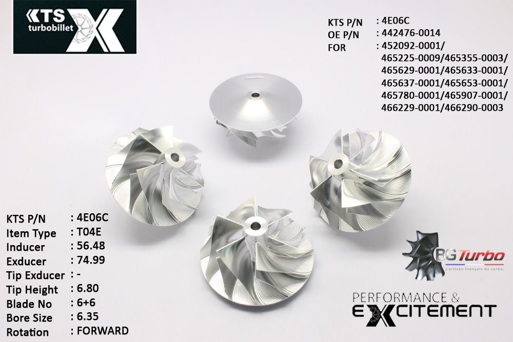 Turbo ROUE FORGÉE MFS PERFORMANCE - 6+6 PALES - INDUCER : 56,48 - EXDUCER : 74,99 - TYPE : T04EANGLE : 45° - ROTATION : Forward - SUPER BACK : 4,96 - BORE SIZE : 6,35
